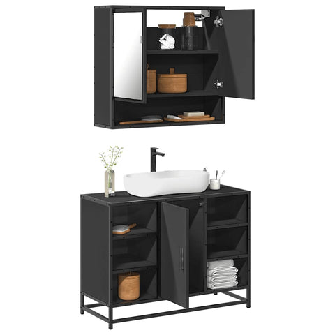 ZNTS 2 Piece Bathroom Furniture Set Black Engineered Wood 3300940