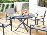 Garden Table, 85cm Round Outdoor Dining Table with Steel Frame, Wood Effect Top, for Balcony, Deck, T3398P377589