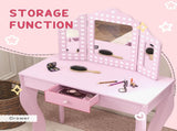 Kids Dressing Table Sets with Stool and Tri-Fold Mirror, Drawer for Playroom, Bedroom - Pink T3398P422147