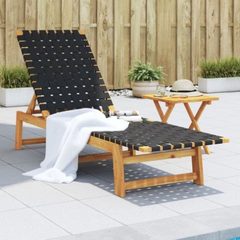 ZNTS Sun Lounger Black Solid Wood Acacia and Fabric 366507