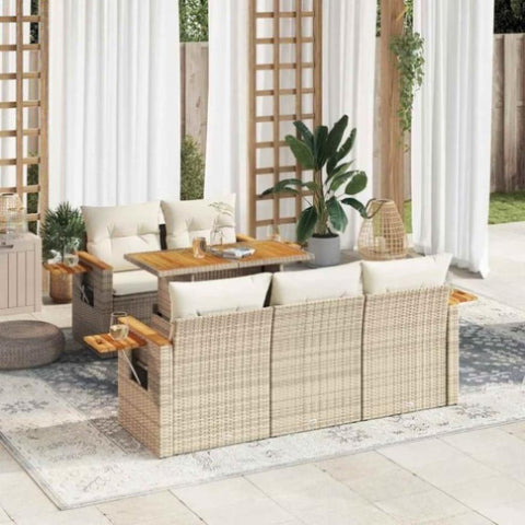 6 Piece Garden Sofa Set with Cushions Beige Poly Rattan Acacia 3327551