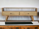 Solid Wood Curved Oak-ish Media Unit, 2 Drawers and Open Slot, Brown B2743P403014