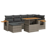 ZNTS 7 Piece Garden Sofa Set with Cushions Grey Poly Rattan Acacia 3327623