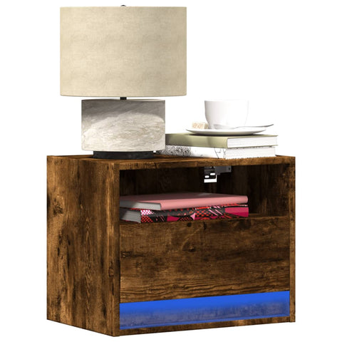 ZNTS Wall-mounted Bedside Cabinet with LED Lights Smoked Oak 852069