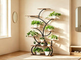 Tree-shaped Plant Stand with 4 Grow Lights, Black Iron Tube & Weathered Wood MDF, With Wheels, 26624629