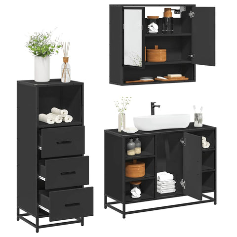 ZNTS 3 Piece Bathroom Furniture Set Black Engineered Wood 3301060