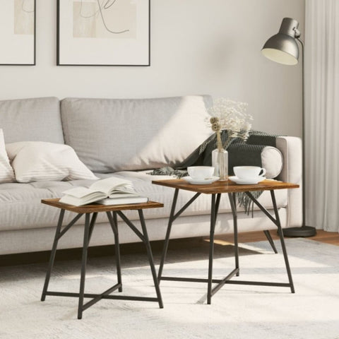 ZNTS Side Table Set - 2 Rustic Smoked Oak and Metal Tables 869728