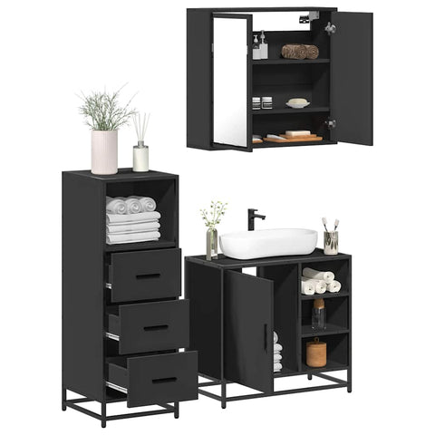 ZNTS 3 Piece Bathroom Furniture Set Black Engineered Wood 3301025