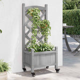 Planter with Trellis and Wheels Grey Solid Wood Fir 3207645