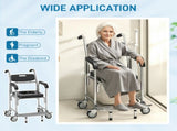 Transport Beside Shower Chair, 3-in-1 Commode Chair with Wheels and Padded Seat, Black T3398P553469