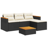 5 Piece Garden Sofa Set with Cushions Black Poly Rattan Acacia 3213537