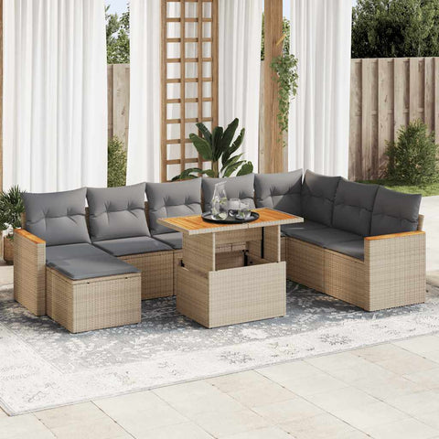 ZNTS 9 Piece Garden Sofa Set with Cushions Beige Poly Rattan Acacia 3327524