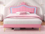3ft Single Upholstered Bed with LED Adjustable Crown Shape Headboard, PU Leather Bed Frame with N652P265845P
