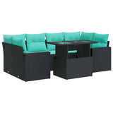 7 Piece Garden Sofa Set with Cushions Black Poly Rattan Acacia 3326268