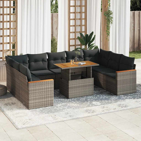 ZNTS 10 Piece Garden Sofa Set with Cushions Grey Poly Rattan Acacia 3327532