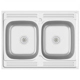 Kitchen Sink with Double Basins Silver 800x600x155 mm Stainless Steel 147235