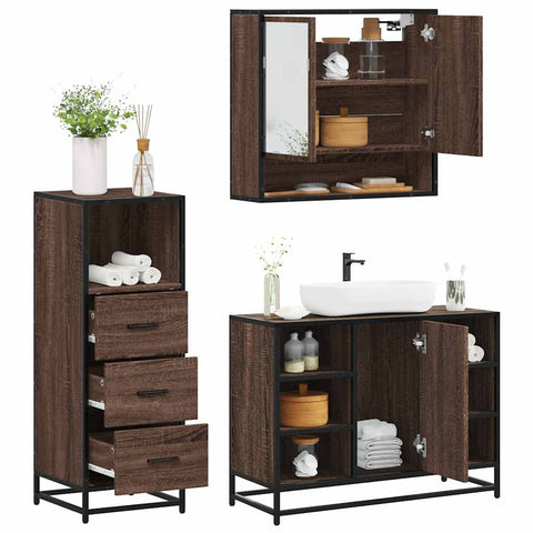 ZNTS 3 Piece Bathroom Furniture Set Brown Oak Engineered Wood 3301064
