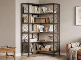 5-Tier L-Shaped Bookshelf, Freestanding Corner Bookcase with Metal Frame, Rustic Brown T3398P551606