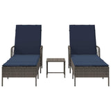 Sun Lounger Reclining 3 pcs Grey and Navy Blue Poly Rattan 365438