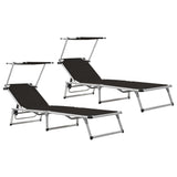 ZNTS Folding Sun Loungers with Roof 2 pcs Aluminium&Textilene Black 312458