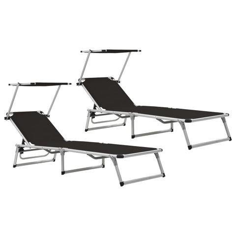 ZNTS Folding Sun Loungers with Roof 2 pcs Aluminium&Textilene Black 312458