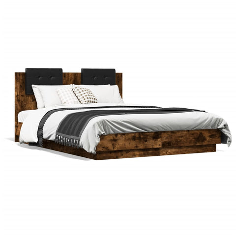 ZNTS Bed Frame with Headboard and LED Lights Smoked Oak 140x190 cm 3210042