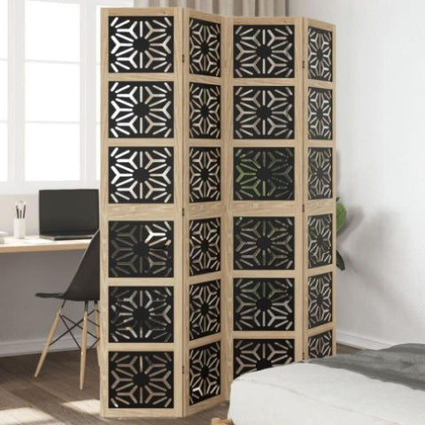 ZNTS Room Divider 4 Panels Brown and Black Solid Wood Paulownia 358803