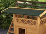 Cat House Outdoor w/ Balcony Stairs Roof, 77 x 50 x 73 cm, Natural Wood Finish T3398P349841