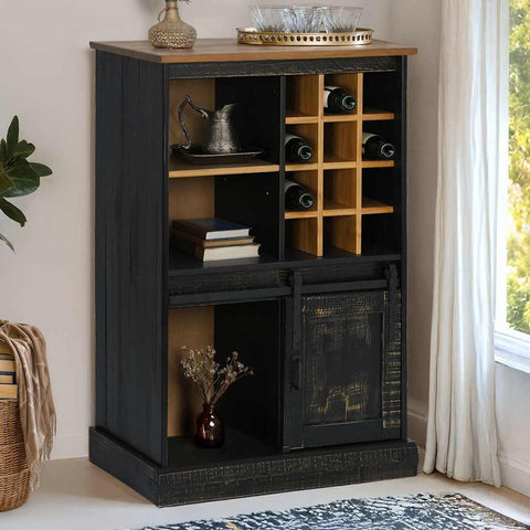 ZNTS Wine Cabinet HALDEN with Wine Racks and Sliding Door Black Pine 4018448