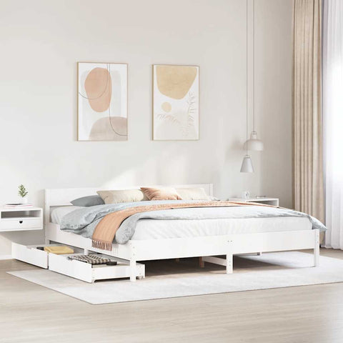 ZNTS Bed Frame without Mattress White 200x200 cm Solid Wood Pine 3301738