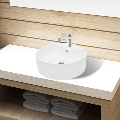 Ceramic Bathroom Sink Basin Faucet/Overflow Hole White Round 141938