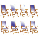 Reclining Garden Chairs 8 pcs Blue and White Fabric and Solid Wood 3214555