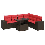 7 Piece Garden Sofa Set with Cushions Brown Poly Rattan Acacia 3326815