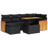 7 Piece Garden Sofa Set with Cushions Black Poly Rattan Acacia 3327730