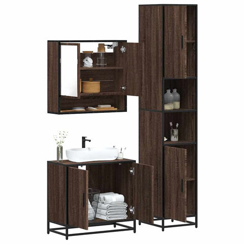 ZNTS 3 Piece Bathroom Furniture Set Brown Oak Engineered Wood 3301099