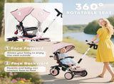 6 in 1 Foldable Kids Trike with Adjustable Parent Handle & Canopy for Ages 1-5, Pink T3398P378917