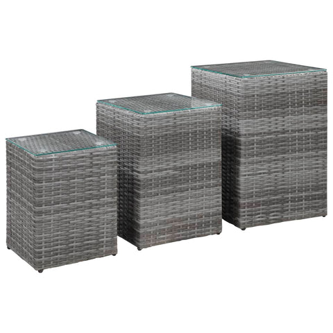 Side Tables 3 pcs with Glass Top Grey Poly Rattan 46985