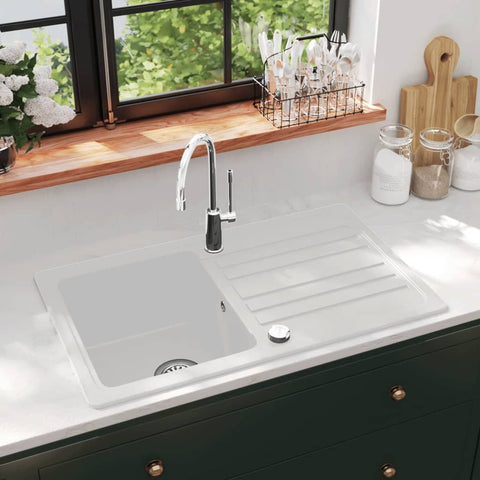 ZNTS Granite Kitchen Sink Single Basin with Drainer Reversible Cream White 141671