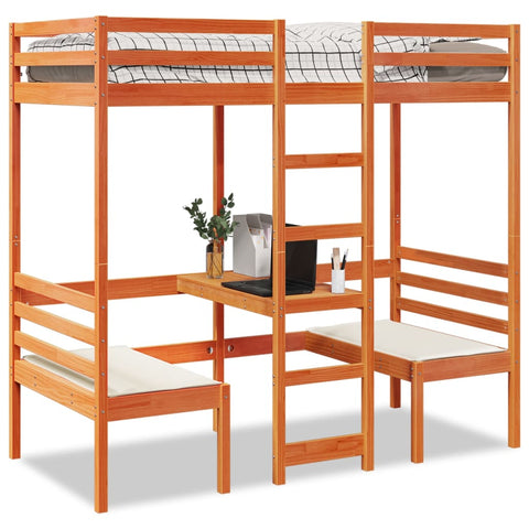 ZNTS Loft Bed Frame with Desk and Chairs Wax Brown 75x190cm Solid Wood Pine 3308564