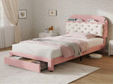 3ft Single Velvet Upholstered Bed Frame, Adjustable Cookie Shaped Storage Headboard with Storage N652P420241P