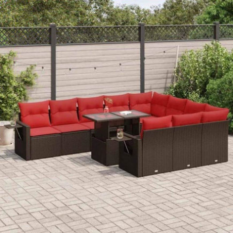 11 Piece Garden Sofa Set with Cushions Brown Poly Rattan Acacia 3326555
