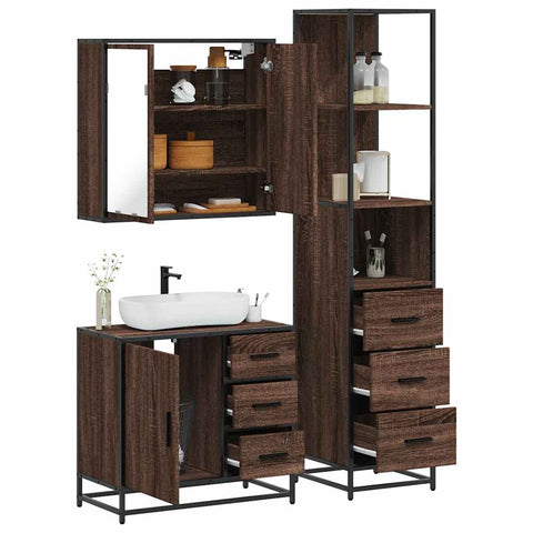 ZNTS 3 Piece Bathroom Furniture Set Brown Oak Engineered Wood 3301139