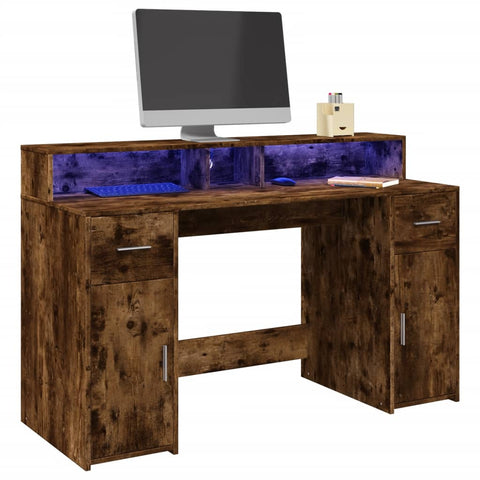 Desk with LED Lights Smoked Oak 140x55x91 cm Engineered Wood 3309424