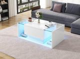 High Gloss Coffee Table with Open Storage, 1 drawer, LED lights, Centre Table with glass tabletop, N605P374206W
