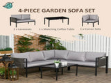 5 Seater Garden Corner Sofa Set, 4 Pieces Metal Garden Furniture Set with Loveseats, Glass Top T3398P320046