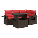 5 Piece Garden Sofa Set with Cushions Brown Poly Rattan Acacia 3326475