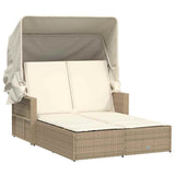 Double Sun Lounger with Canopy and Cushions Beige Poly Rattan 365810