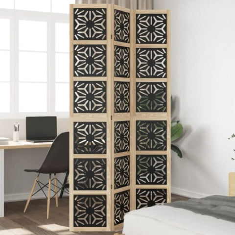 ZNTS Room Divider 3 Panels Brown and Black Solid Wood Paulownia 358800