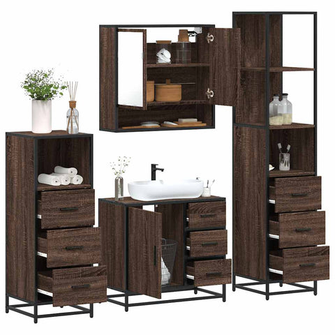 ZNTS 4 Piece Bathroom Furniture Set Brown Oak Engineered Wood 3301289