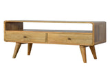 Solid Wood Curved Oak-ish Media Unit, 2 Drawers and Open Slot, Brown B2743P403014